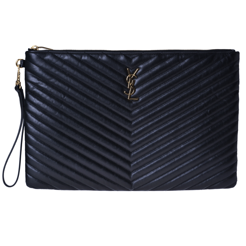 YSL 블랙 가죽 쉐브론 클러치(금장)
