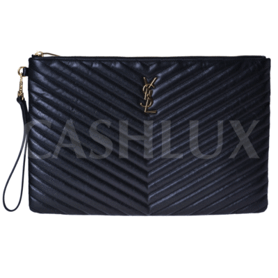 YSL 블랙 가죽 쉐브론 클러치(금장)